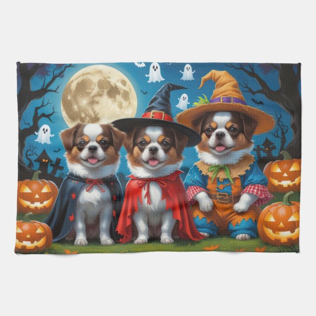 Linge De Cuisine Chiens Chin Japonais Citrouille Halloween drôle (Horizontal)