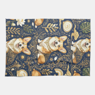 Linge De Cuisine Chiens Corgi Élégants Motif Damassé Or Bleu Marine