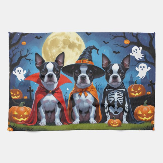 Linge De Cuisine Chiens de Boston Terrier Citrouille Halloween Funn (Horizontal)