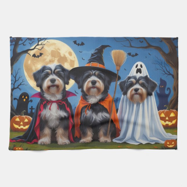 Linge De Cuisine Chiens Havanais Citrouille Halloween drôle (Horizontal)