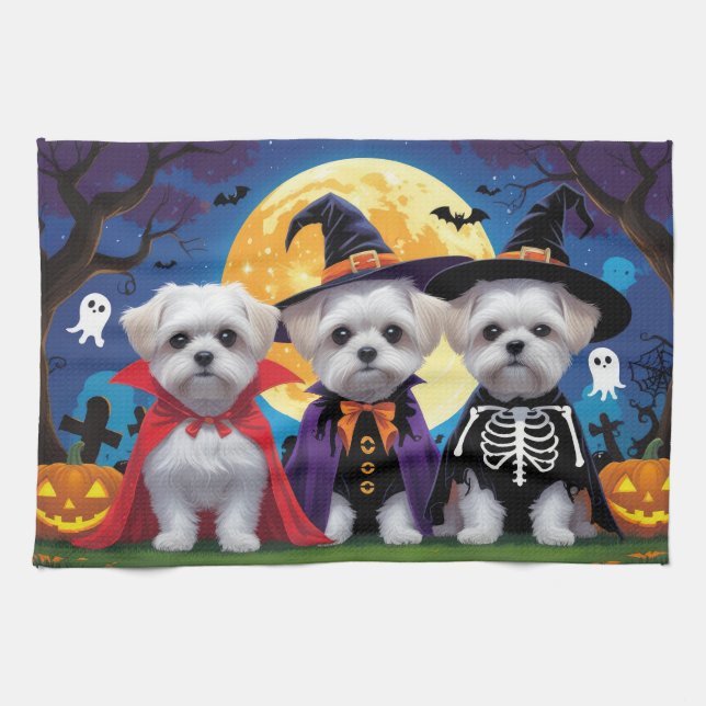 Linge De Cuisine Chiens maltais Citrouille Halloween drôle (Horizontal)