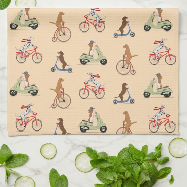 Linge De Cuisine Chiens sur vélos et scooters - Crème (Plié)