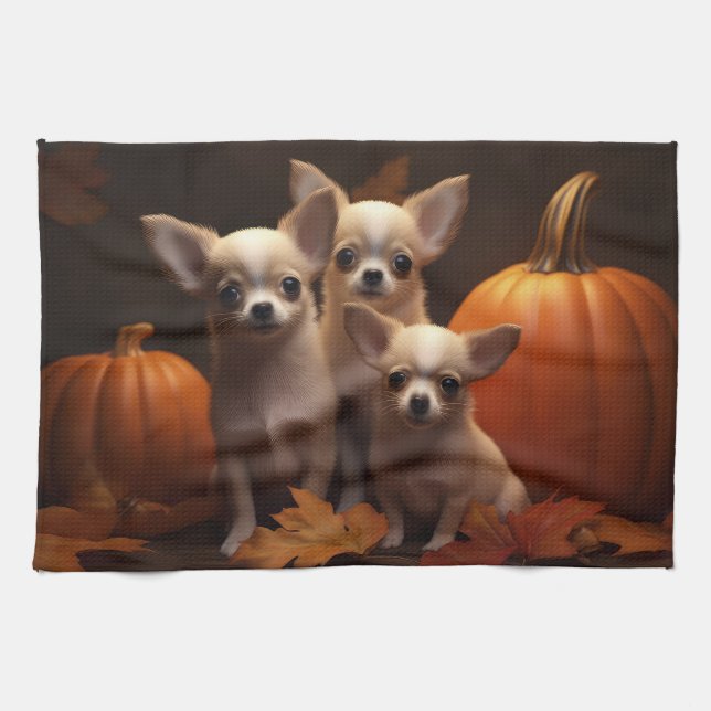 Linge De Cuisine Chihuahua Chiot Automne Citrouille de plaisir (Horizontal)