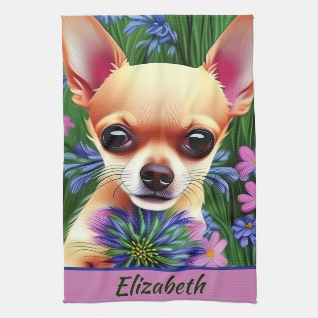 Linge De Cuisine Chihuahua Puppy dans la prairie de fleurs Personna (Vertical)