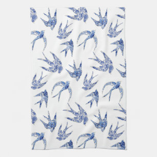 Linge De Cuisine Chinoiserie Chic Bird Swallows Blue n White Mosaic