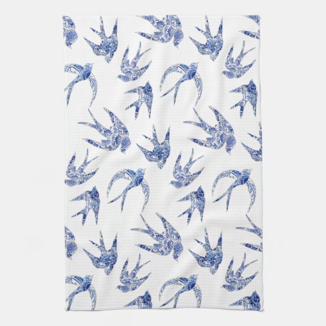Linge De Cuisine Chinoiserie Chic Bird Swallows Blue n White Mosaic (Vertical)