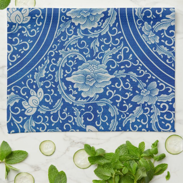 Linge De Cuisine Chinoiserie Classique Chinois Floral Bleu Blanc (Plié)