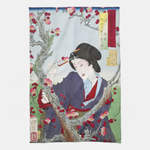 Linge De Cuisine Chinoiserie Dame japonaise et fleur de cerisier ro
