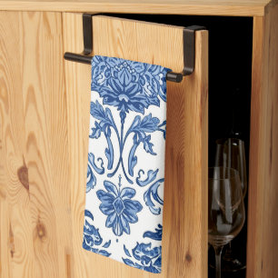 Linge De Cuisine Chinoiserie Florale Bleue Aquarelle Blanche