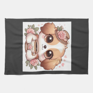Linge De Cuisine Chiot vintage avec du thé