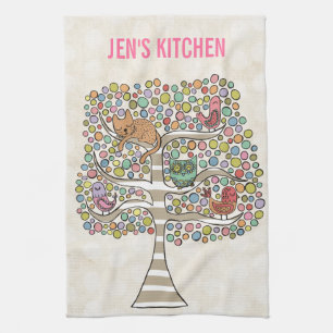 Linge De Cuisine Chouette chatte et oiseaux dans un arbre Illustrat