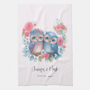 Linge De Cuisine Chouettes amoureuses assis sur un Mariage de branc