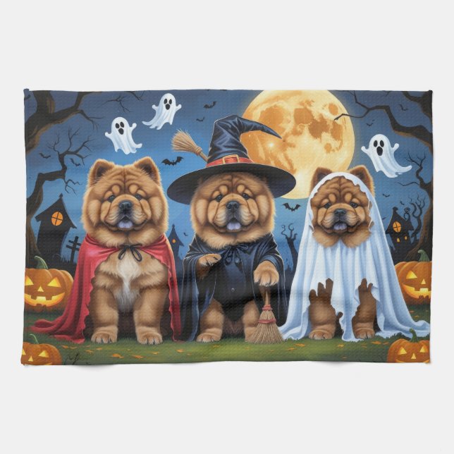 Linge De Cuisine Chow Chow Chien Citrouille Halloween drôle (Horizontal)