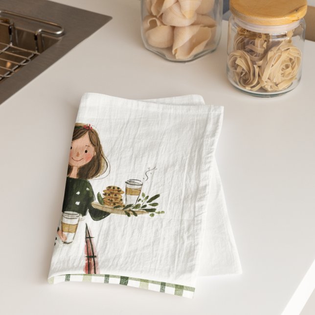 Linge De Cuisine Christmas Baking Lady with Cat Personalized  (Créateur téléchargé)