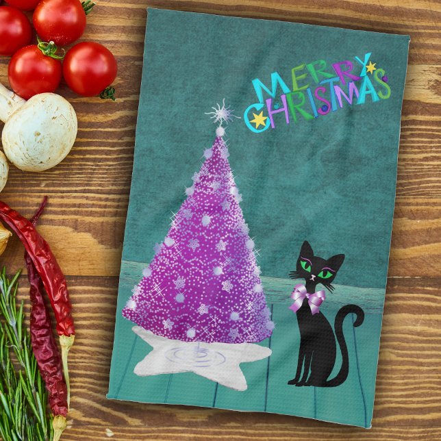 Linge De Cuisine Christmas Black Cat Pink Silver Tree Teal Room (Pink silver Christmas tree black cat in teal coloured room on Merry Chrismtas kitchen towel.)
