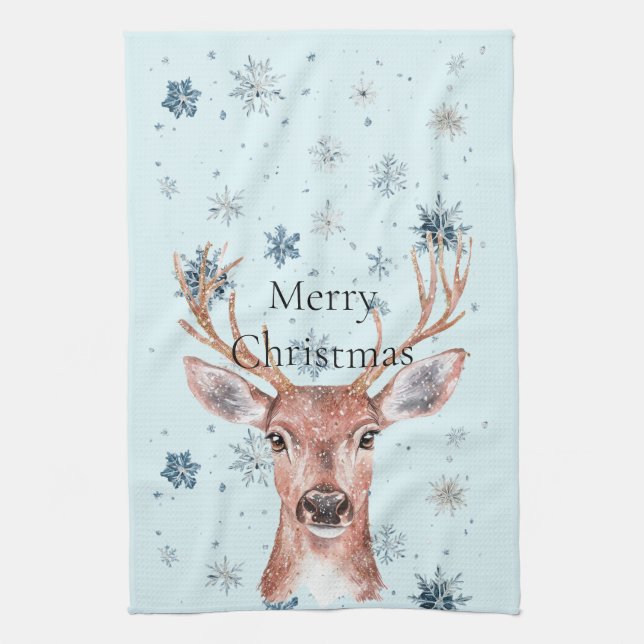 Linge De Cuisine Christmas Blue Snowflakes Deer  (Vertical)