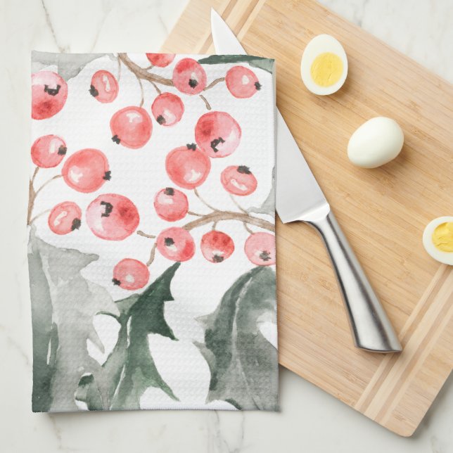 Linge De Cuisine Christmas Kitchen Towel Red and Green Holly (Quart Plié)