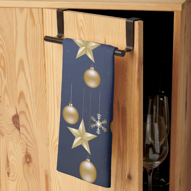 Linge De Cuisine Christmas Party Golden Ornaments Navy Blue Elegant (Pliage en tiers)