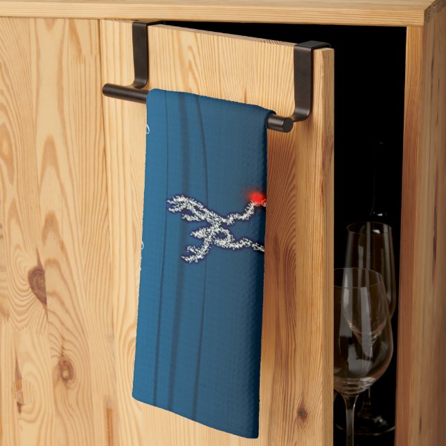 Linge De Cuisine Christmas Party Reindeer Tree Blue Sky Shiny Stars (Pliage en tiers)