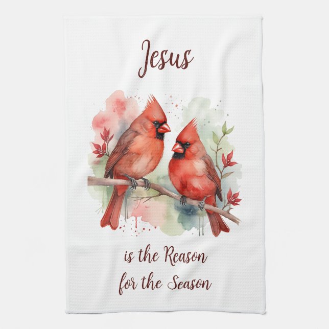Linge De Cuisine Christmas Red Cardinal Jesus Reason for Season (Vertical)