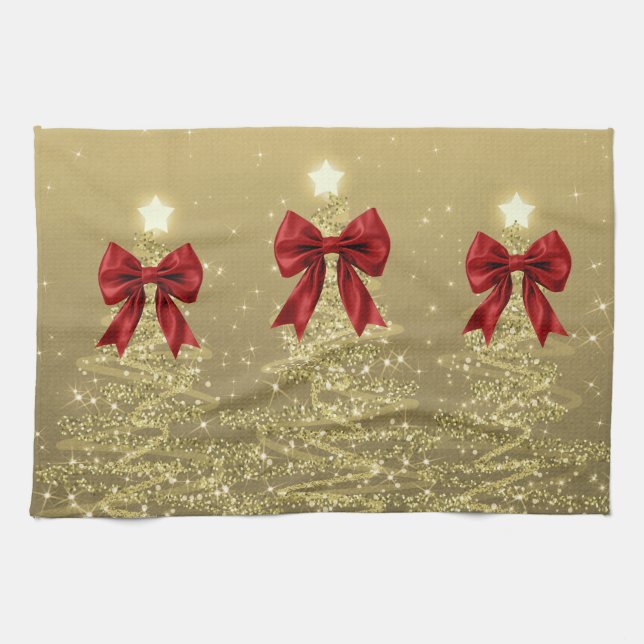 Linge De Cuisine Christmas Sparkling Trees Gold Faux Red Bow  (Horizontal)