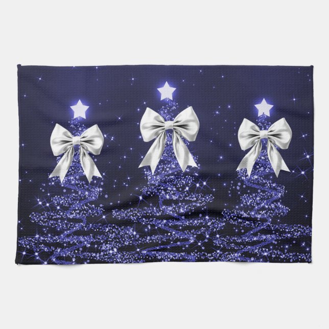 Linge De Cuisine Christmas Sparkling Trees Navy Faux Silver Bow  (Horizontal)