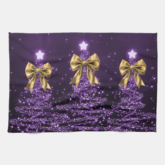 Linge De Cuisine Christmas Sparkling Trees Purple Faux Gold Bow  (Horizontal)