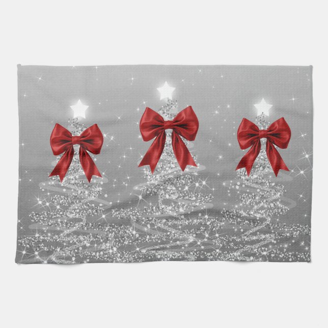 Linge De Cuisine Christmas Sparkling Trees Silver Faux Red Bow  (Horizontal)