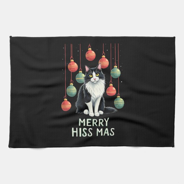Linge De Cuisine Christmas Tuxedo Cat with Holiday Decorations Merr (Horizontal)