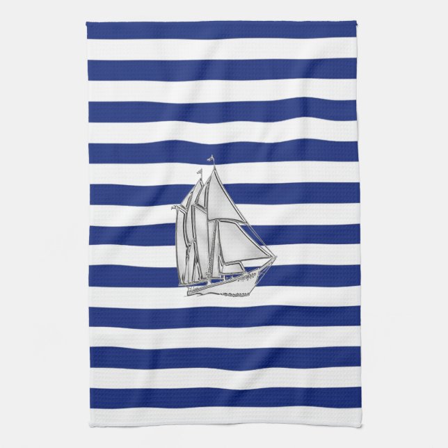 Linge De Cuisine Chrome Sailboat sur les rayures nautiques (Vertical)