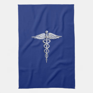Linge De Cuisine Chrome Style Caduceus Symbole Médicale sur bleu ma