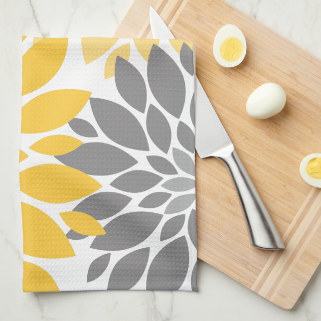 Linge De Cuisine Chrysanthèmes jaunes et gris Motif floral (Quart Plié)