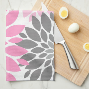 Linge De Cuisine Chrysanthèmes roses et gris Motif floral