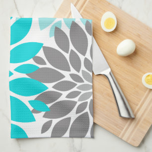Linge De Cuisine Chrysanthèmes turquoise et gris Motif floral