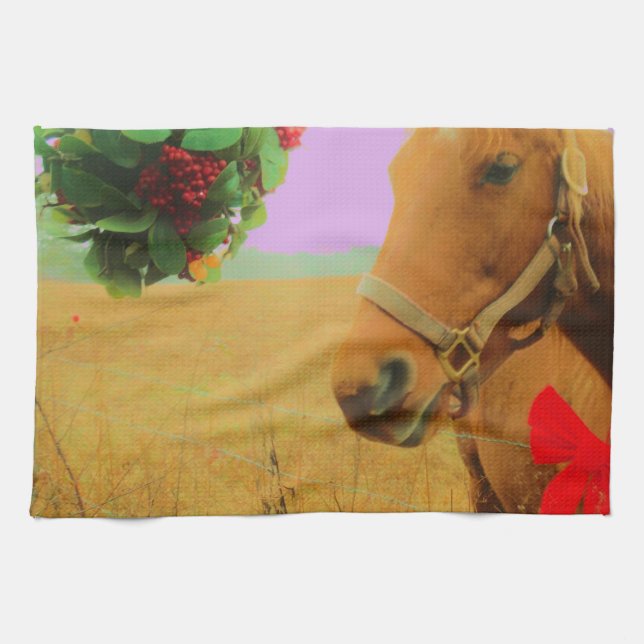 Linge De Cuisine Ciel rose rétro Cheval de Noël (Horizontal)