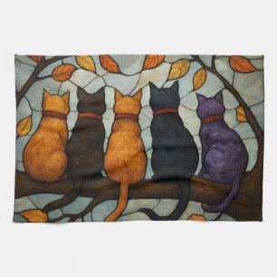 Linge De Cuisine Cinq chats sur une branche d'arbre de style vitrai