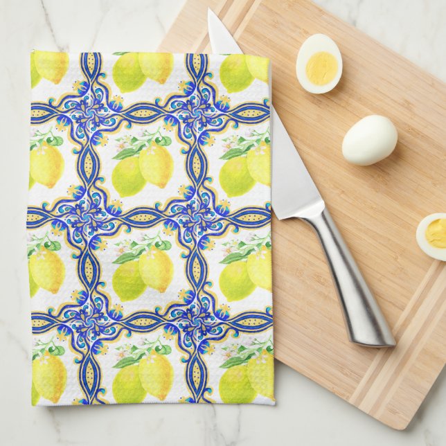 Linge De Cuisine Citron Méditerranéen Bleu Et Blanc (Quart Plié)