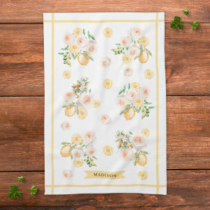 Linge De Cuisine Citrons et fleurs aquarelles monogrammées