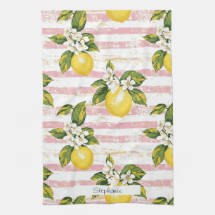 Linge De Cuisine Citrons et fleurs vintages sur bandes rose et blan