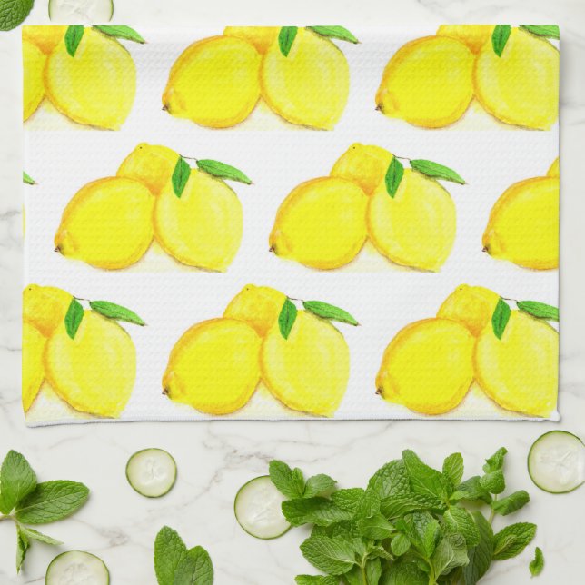 Linge De Cuisine Citrons Fruits Jaunes Motif Aquarelle été (Plié)