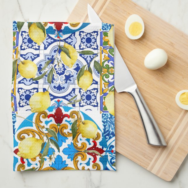 Linge De Cuisine Citrons, Méditerranée, majolica, tuiles italiennes (Quart Plié)