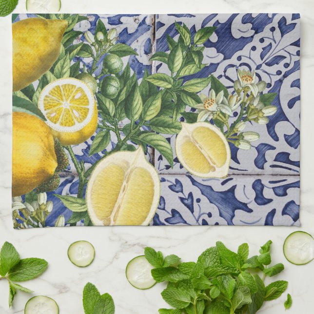 Linge De Cuisine Citrons méditerranéens Carreaux portugais d'été (Plié)