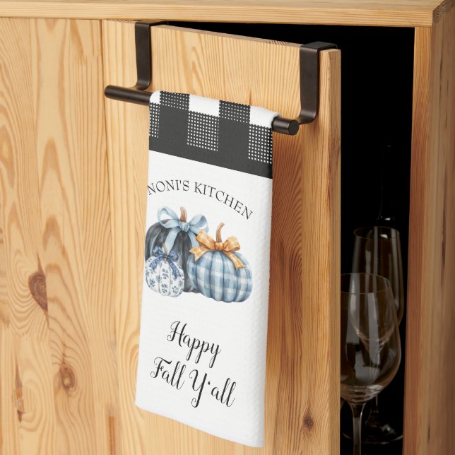 Linge De Cuisine Citrouille d'aquarelle bleu Buffalo Plaid (Pliage en tiers)