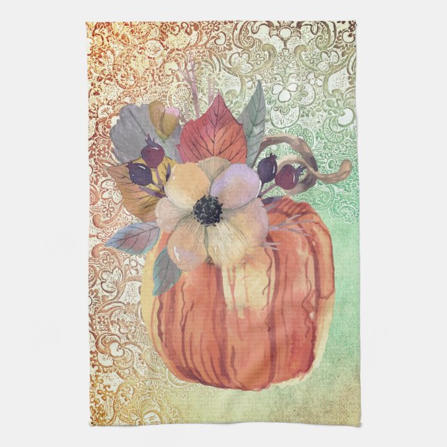Linge De Cuisine Citrouille floral et dentelle automne élégant oran (Vertical)