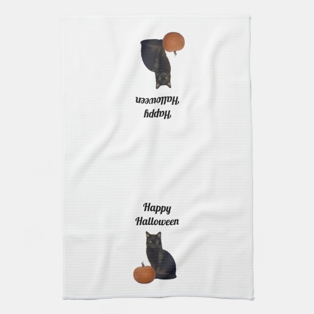 Linge De Cuisine Citrouille orange et chat noir Halloween heureux (Vertical)