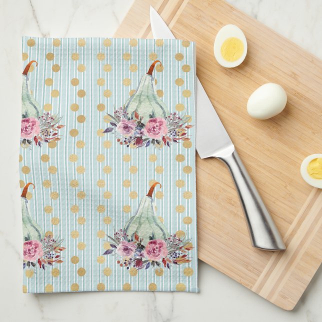 Linge De Cuisine Citrouille pastel automne floral turquoise or dot  (Quart Plié)
