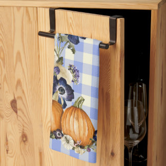 Linge De Cuisine Citrouilles orange, fleurs bleues et carreaux bleu