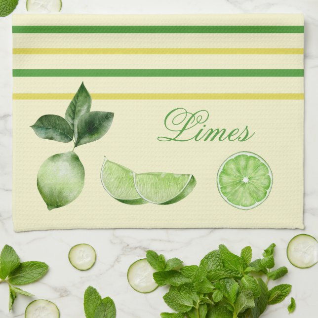 Linge De Cuisine Citrus de chaux et rayures jaunes et vertes (Plié)