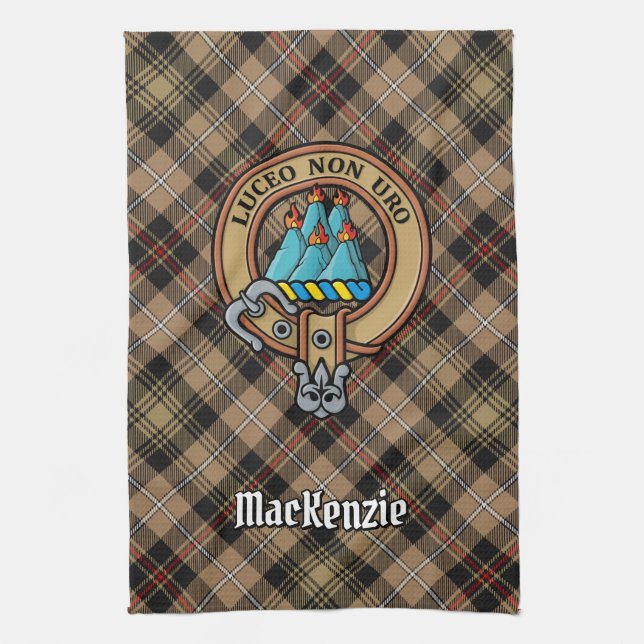 Linge De Cuisine Clan MacKenzie Crest sur Tartan de chasse Brown (Vertical)