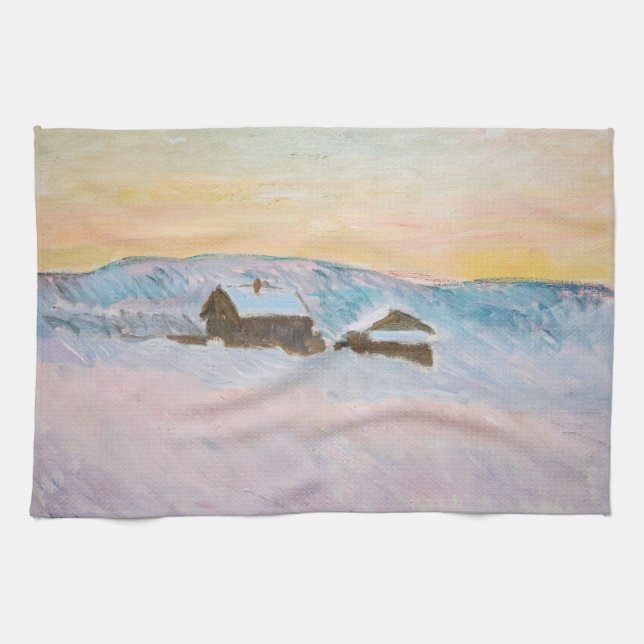 Linge De Cuisine Claude Monet - Norvège Paysage, Maisons Bleues (Horizontal)